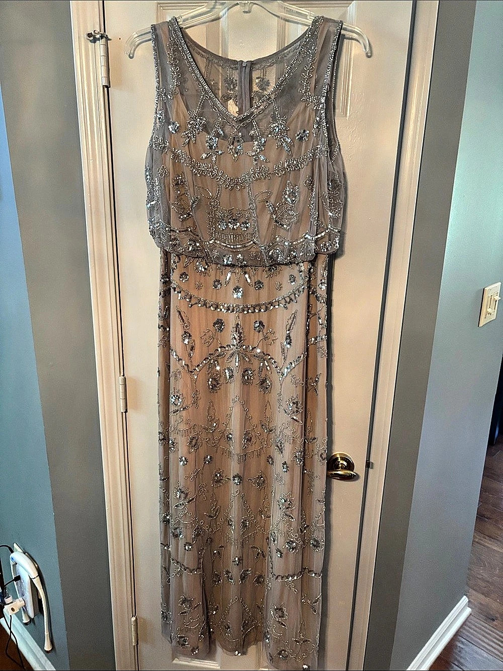Adrianna Papell Beaded Blouson Long Silver Gray Gown